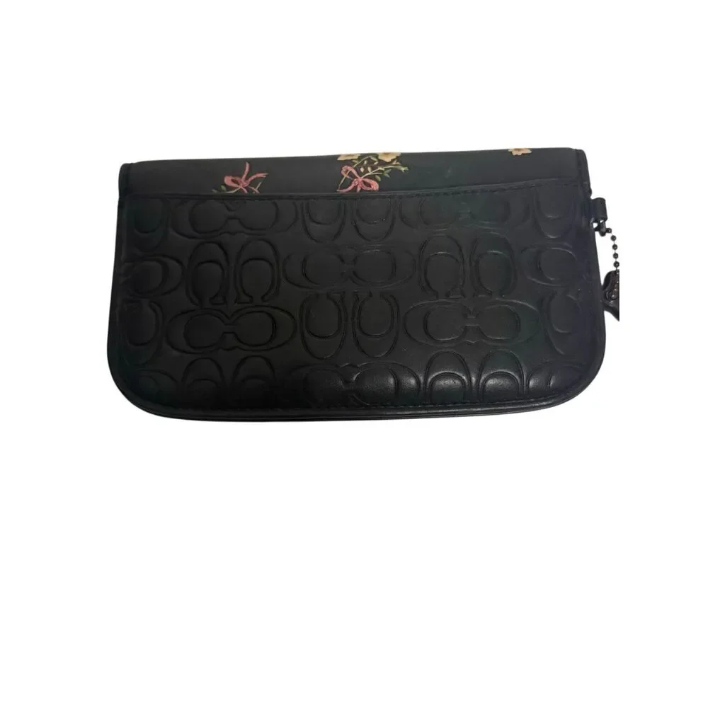 COACH FLORAL BOW PRINT BLACK/PINK SIGNATURE LEATHER CLUTCH 27060